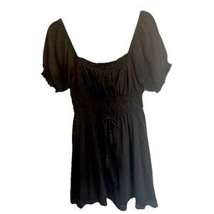 Lulu’s Black Textured Puff Sleeve Mini Dress Sz Med Prairie Milkmaid Bohemian